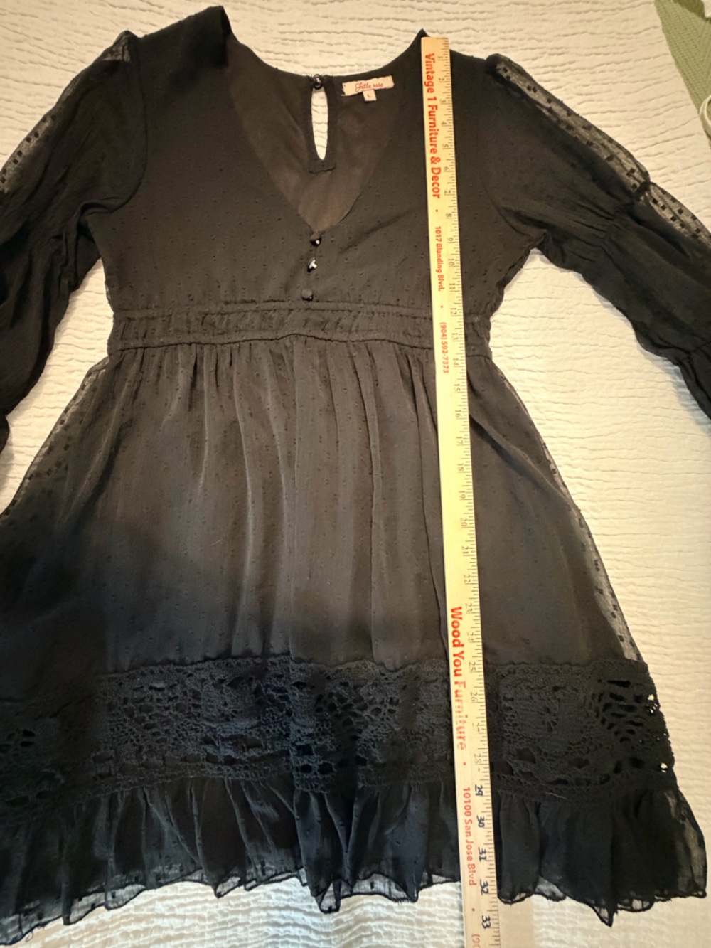 Frille Rose Black Long-Sleeve V-Neck Swiss Dot A-Line Dress - Picture 10 of 12